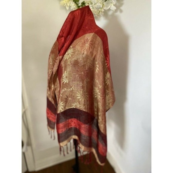 Vintage Shiny Scarf Shawl with Fringe Woman's Red Gold Rectangular Scarf 60"X24" - Picture 4 of 10
